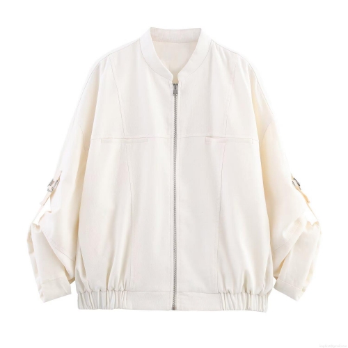 Women's Casual Cotton Linen Jacket Loose Long Sleeve Stand Collar Zip Up Lightweight Outerwear For Summer Spring Daily Fashion Plain Cream White