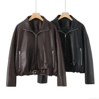 Women's Fashion Faux Leather Biker Jacket Stand Collar Loose Short PU Coat With Waist Belt Zipper Pocket Streetwear Outwear For Women