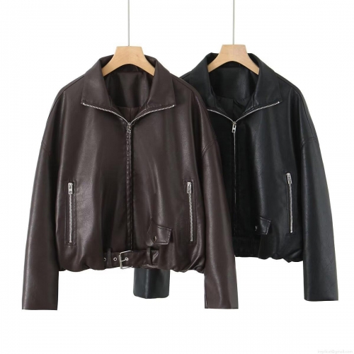 Women's Fashion Faux Leather Biker Jacket Stand Collar Loose Short PU Coat With Waist Belt Zipper Pocket Streetwear Outwear For Women