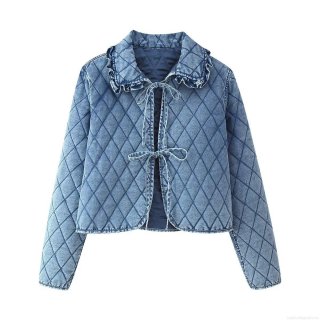 Women Quilted Denim Jacket Ruffle Collar Washed Cotton Padded Outerwear With Bow Tie Front Long Sleeve Casual Fashion Coat For Lady