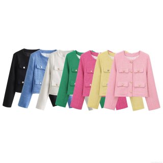 Women Fashion Textured Tweed Jacket With Shoulder Pads Long Sleeve Round Neck Short Coat With Gold Metal Buttons For Elegant Office Commuting Lady
