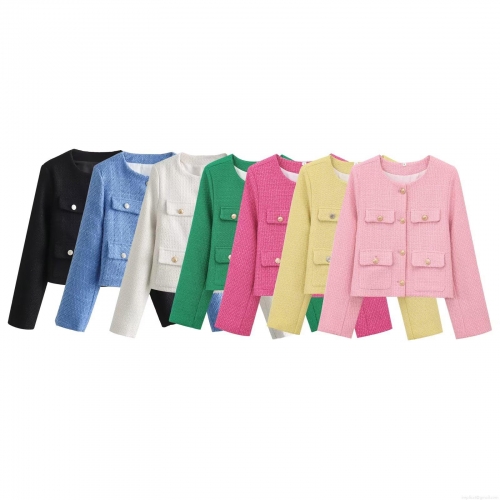 Women Fashion Textured Tweed Jacket With Shoulder Pads Long Sleeve Round Neck Short Coat With Gold Metal Buttons For Elegant Office Commuting Lady