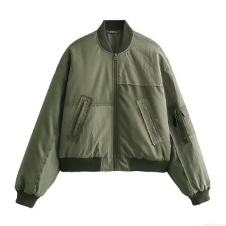 Women's Casual Army Green Bomber Jacket Patchwork Padded Polyester Nylon Spandex Flight Jacket For Outdoor Workwear Fashion Windproof Outerwear Coat