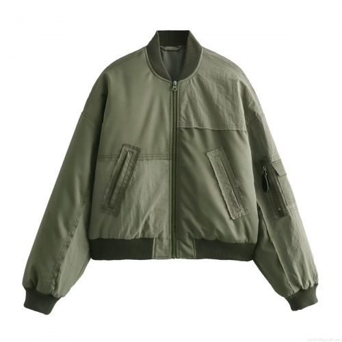 Women's Casual Army Green Bomber Jacket Patchwork Padded Polyester Nylon Spandex Flight Jacket For Outdoor Workwear Fashion Windproof Outerwear Coat
