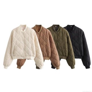 Women's Casual Diamond Quilted Jacket Lightweight Polyester Padded Bomber Coat With Stand Collar Solid Color Windproof Outerwear For Daily Autumn Winter