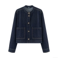 Women's Casual Denim Style Jacket 100% Polyester Short Loose Outerwear Stand Collar Single Breasted Button Up Coat With Pockets For Daily Streetwear Spring Fall