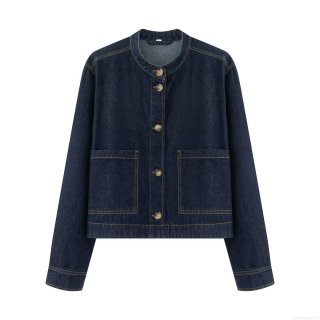 Women's Casual Denim Style Jacket 100% Polyester Short Loose Outerwear Stand Collar Single Breasted Button Up Coat With Pockets For Daily Streetwear Spring Fall