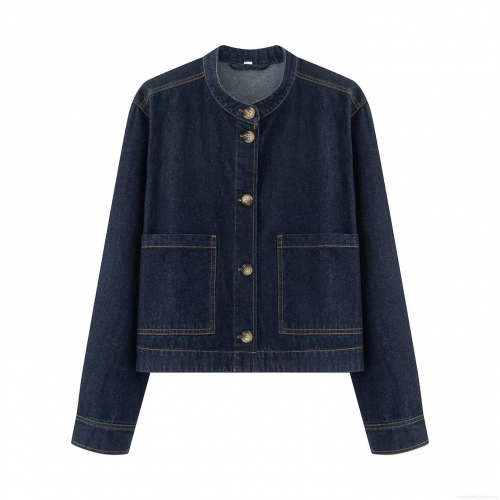 Women's Casual Denim Style Jacket 100% Polyester Short Loose Outerwear Stand Collar Single Breasted Button Up Coat With Pockets For Daily Streetwear Spring Fall