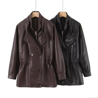 Fashion Women PU Leather Jacket Mid-Length Stand Collar Drawstring Waist Outerwear Double Breasted Zipper Pocket Cool Streetwear Coat Lady