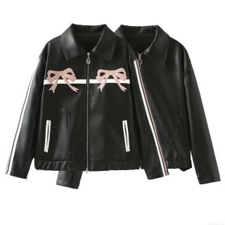 Women's Faux Leather Biker Jacket Sweet Cool Bowknot Embroidery Lapel Zip-Up PU Leather Jacket With Contrast Stripe Streetwear Long Sleeve Outerwear Coat For Women