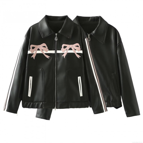 Women's Faux Leather Biker Jacket Sweet Cool Bowknot Embroidery Lapel Zip-Up PU Leather Jacket With Contrast Stripe Streetwear Long Sleeve Outerwear Coat For Women