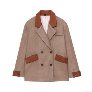 Women's Fashion Color Block Woolen Coat Loose Double Breasted Overcoat Casual Mid Length Patchwork Jacket Women Clothing For Spring Autumn