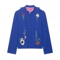 Women's Klein Blue Embroidered Jacket 100% Polyester Casual Long Sleeve Button Down Coat Floral Cactus Embroidery Elegant Outerwear For Women