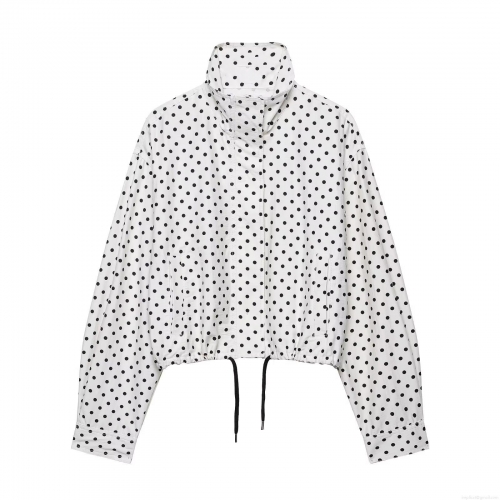 Women Fashion Polka Dot Stand Collar Jacket And Shorts Casual Loose Long Sleeve Zipper Coat With Pockets Summer Polyester Blend Outfit For Women