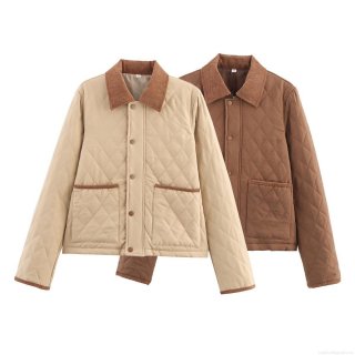 Women's Casual Diamond Quilted Padded Jacket With Corduroy Lapel Collar Vintage Loose Single Breasted Long Sleeve Warm Cotton Coat For Autumn Winter Women