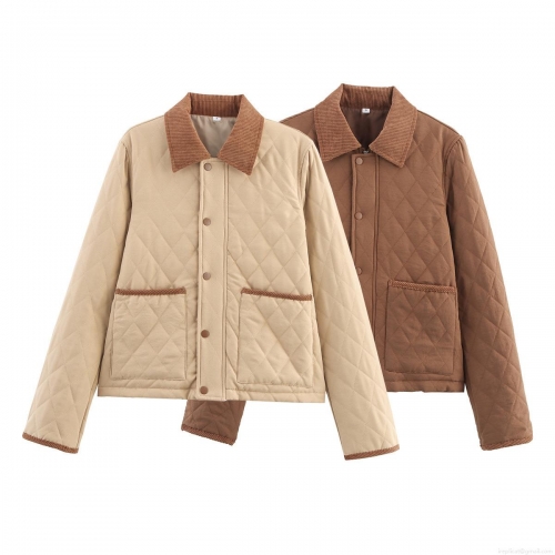 Women's Casual Diamond Quilted Padded Jacket With Corduroy Lapel Collar Vintage Loose Single Breasted Long Sleeve Warm Cotton Coat For Autumn Winter Women