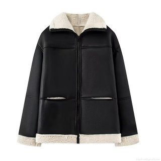 Women's Fashion Casual Faux Leather Shearling Integrated Jacket Contrast Color Lapel Loose Mid-length Warm Winter Coat With Faux Fur Lining For Women