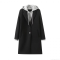 Women's Casual Long Hooded Coat 100% Polyester Fake Two Piece Jacket With Zipper Buttons For Autumn Winter Daily Wear Loose Fit Outerwear