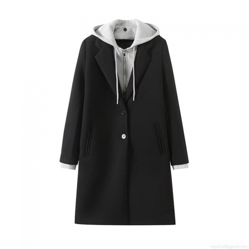 Women's Casual Long Hooded Coat 100% Polyester Fake Two Piece Jacket With Zipper Buttons For Autumn Winter Daily Wear Loose Fit Outerwear
