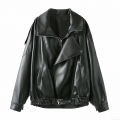 Women Oversized PU Faux Leather Biker Jacket Fashion Moto Style Loose Fit Lapel Collar Metal Zipper Outerwear With Adjustable Buckle Belt Streetwear Spring Autumn Solid Black Leather Coat