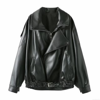 Women Oversized PU Faux Leather Biker Jacket Fashion Moto Style Loose Fit Lapel Collar Metal Zipper Outerwear With Adjustable Buckle Belt Streetwear Spring Autumn Solid Black Leather Coat