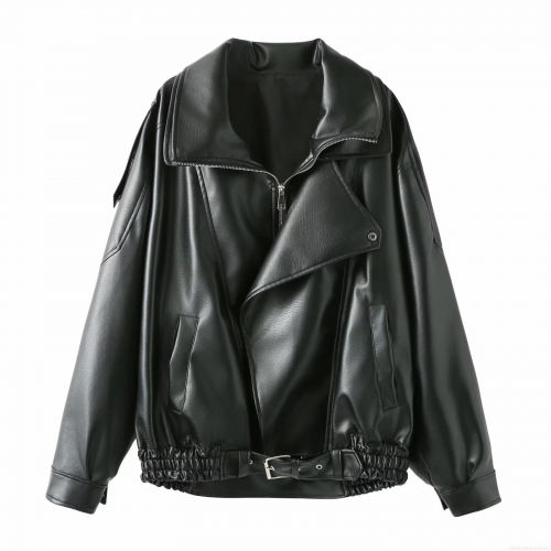 Women Oversized PU Faux Leather Biker Jacket Fashion Moto Style Loose Fit Lapel Collar Metal Zipper Outerwear With Adjustable Buckle Belt Streetwear Spring Autumn Solid Black Leather Coat