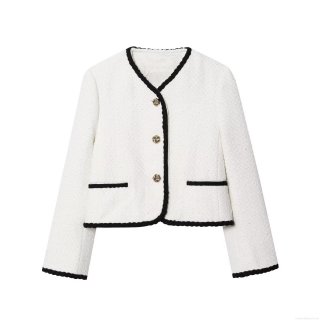 Women's Elegant Tweed Jacket Contrast Trim Short Outerwear With Gold Buttons Vintage Style Commute Ladies Round Neck Cardigan Coat