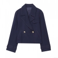 Women Fashion Navy Blue Short Jacket Double Breasted Gold Buttons Topstitching Detail Twill Fabric Casual Commuter Blazer Coat For Women Autumn