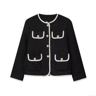 Women's Elegant Tweed Jacket Vintage Contrast Trim Button Front Cardigan Coat For Office Daily Party Autumn Outwear