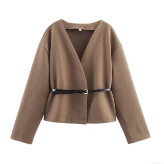 Women's V Neck Long Sleeve Woolen Jacket With Belt Elegant Solid Color Khaki Outerwear Casual Commute Loose Fit Coat For Women Fashion Clothing