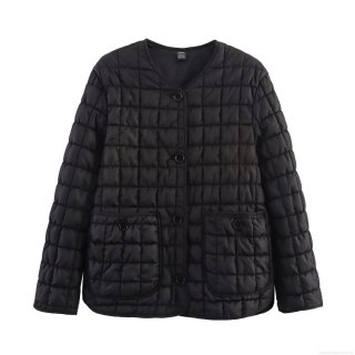 Women's Casual Square Quilted Cotton Jacket Polyester Spandex Blend Lightweight Loose Fit Round Neck Single Breasted Puffer Coat With Pockets Black Outerwear