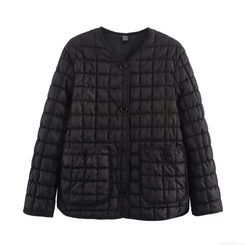 Women's Casual Square Quilted Cotton Jacket Polyester Spandex Blend Lightweight Loose Fit Round Neck Single Breasted Puffer Coat With Pockets Black Outerwear