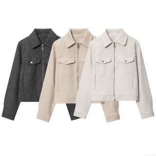 Women's Minimalist Casual Zipper Jacket Lapel Long Sleeve Woolen Feel Outerwear With Cargo Pockets Polyester Blend Fashion Coat For Autumn Winter