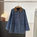 Women Vintage Corduroy Patchwork Denim Jacket Loose Fit Button Down Oversized Cotton Denim Coat With Large Pockets Casual Fall Outerwear