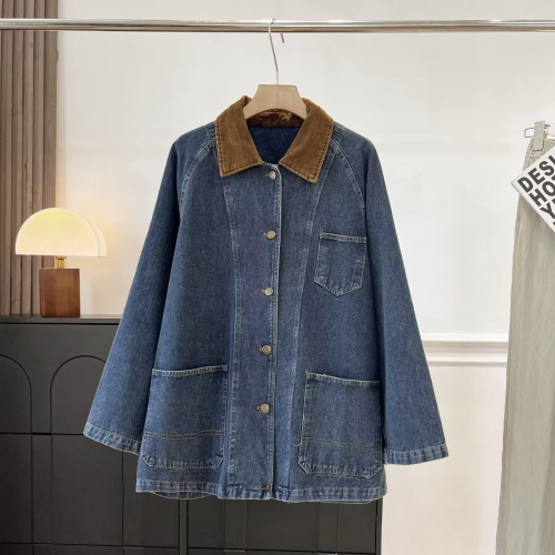 Women Vintage Corduroy Patchwork Denim Jacket Loose Fit Button Down Oversized Cotton Denim Coat With Large Pockets Casual Fall Outerwear