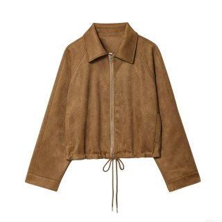 Women's Faux Suede Jacket Loose Fit Full Zipper Lapel Coat Long Sleeve Outerwear With Adjustable Drawstring Hem Pockets Solid Caramel Fall Casual Jacket