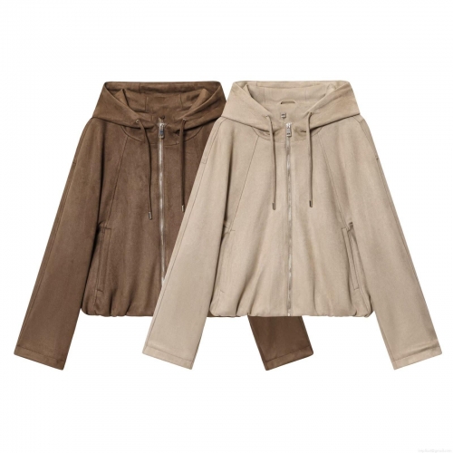 Women's Casual Suede Hooded Bomber Jacket Fashion Loose Zip Up Fall Outerwear Coat With Pockets Solid Color Lightweight Jacket For Ladies