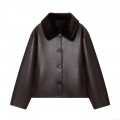 Women's Reversible Faux Leather Jacket With Faux Fur Collar Double Sided Warm Winter Coat Solid Color Button Down Outerwear For Women