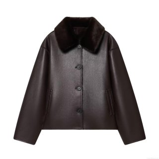 Women's Reversible Faux Leather Jacket With Faux Fur Collar Double Sided Warm Winter Coat Solid Color Button Down Outerwear For Women