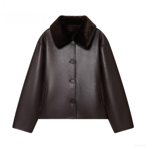 Women's Reversible Faux Leather Jacket With Faux Fur Collar Double Sided Warm Winter Coat Solid Color Button Down Outerwear For Women