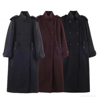 Women's Elegant Long Double Breasted Woolen Blend Coat With Epaulettes Lapel Collar Solid Color Warm Outerwear For Winter Casual Office Wearing