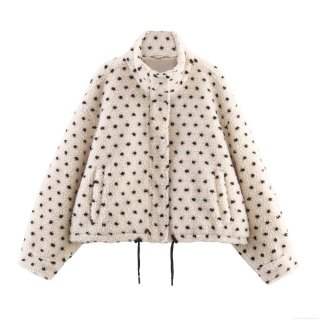 Women's Polka Dot Polyester Fleece Jacket Short Stand Collar Long Sleeve Streetwear Casual Loose Warm Coat For Winter Daily Outwear