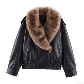 Women's Fashion Faux Leather Jacket With Detachable Fur Collar Short Motorcycle Biker Coat Casual Loose Winter Streetwear Outwear
