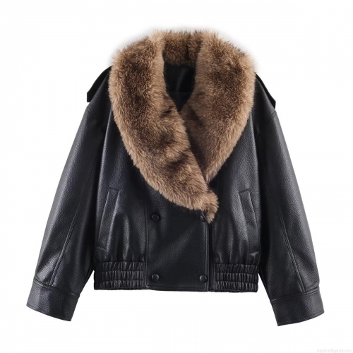 Women's Fashion Faux Leather Jacket With Detachable Fur Collar Short Motorcycle Biker Coat Casual Loose Winter Streetwear Outwear
