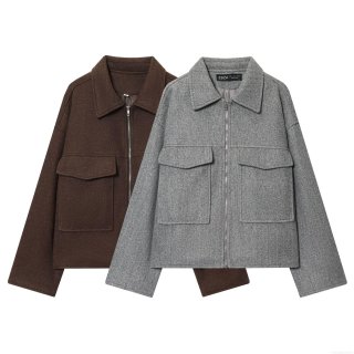 Women Retro French Style Woolen Jacket Solid Color Zipper Lapel Coat With Large Pockets Casual Long Sleeve Warm Outwear For Winter Autumn