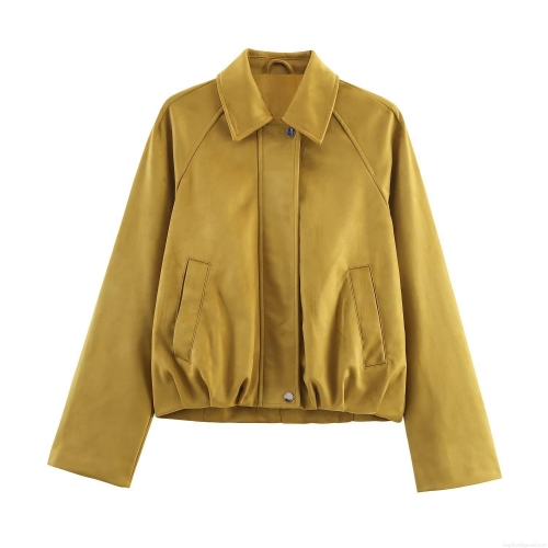 Women Fashion Faux Suede Bomber Jacket Solid Color Lapel Collar Long Sleeve Short Coat With Pockets Casual Loose Fit Outwear Autumn Winter Streetwear Ladies