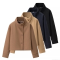 Women's Loose Woolen Jacket Stand Collar Single Breasted Short Outerwear Autumn Fashion Versatile Solid Color Casual Coat For Ladies Office Daily Wear