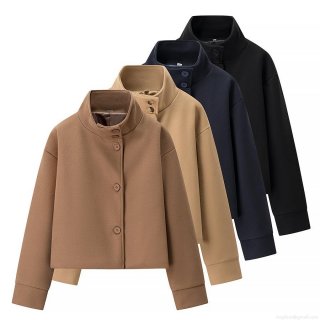Women's Loose Woolen Jacket Stand Collar Single Breasted Short Outerwear Autumn Fashion Versatile Solid Color Casual Coat For Ladies Office Daily Wear