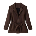 Women's Faux Suede Belted Jacket Chic Lapel Collar Single Breasted Outerwear Waist Belt Pockets Long Sleeve Autumn Winter Casual Work Commute Coat