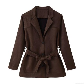 Women's Faux Suede Belted Jacket Chic Lapel Collar Single Breasted Outerwear Waist Belt Pockets Long Sleeve Autumn Winter Casual Work Commute Coat